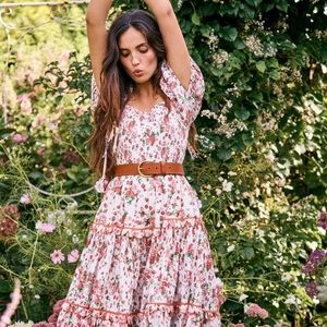 LoveShackFancy Masie Printed Cotton Voile Tiered Midi Dress Cloudy Poprocks